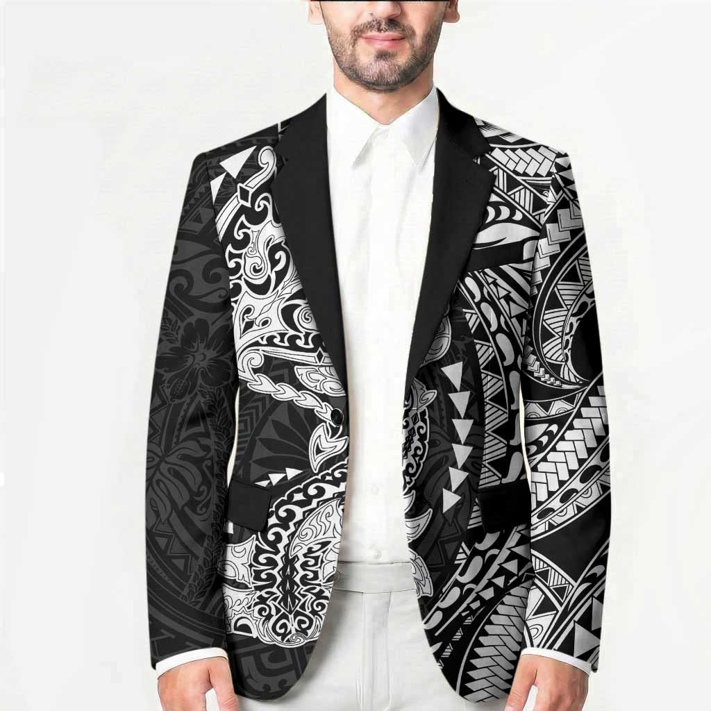 Hawaiian Manta Ray and Hammerhead Shark Tribal Tattoo Blazer with Polynesian Tribal Pattern Black-White Color