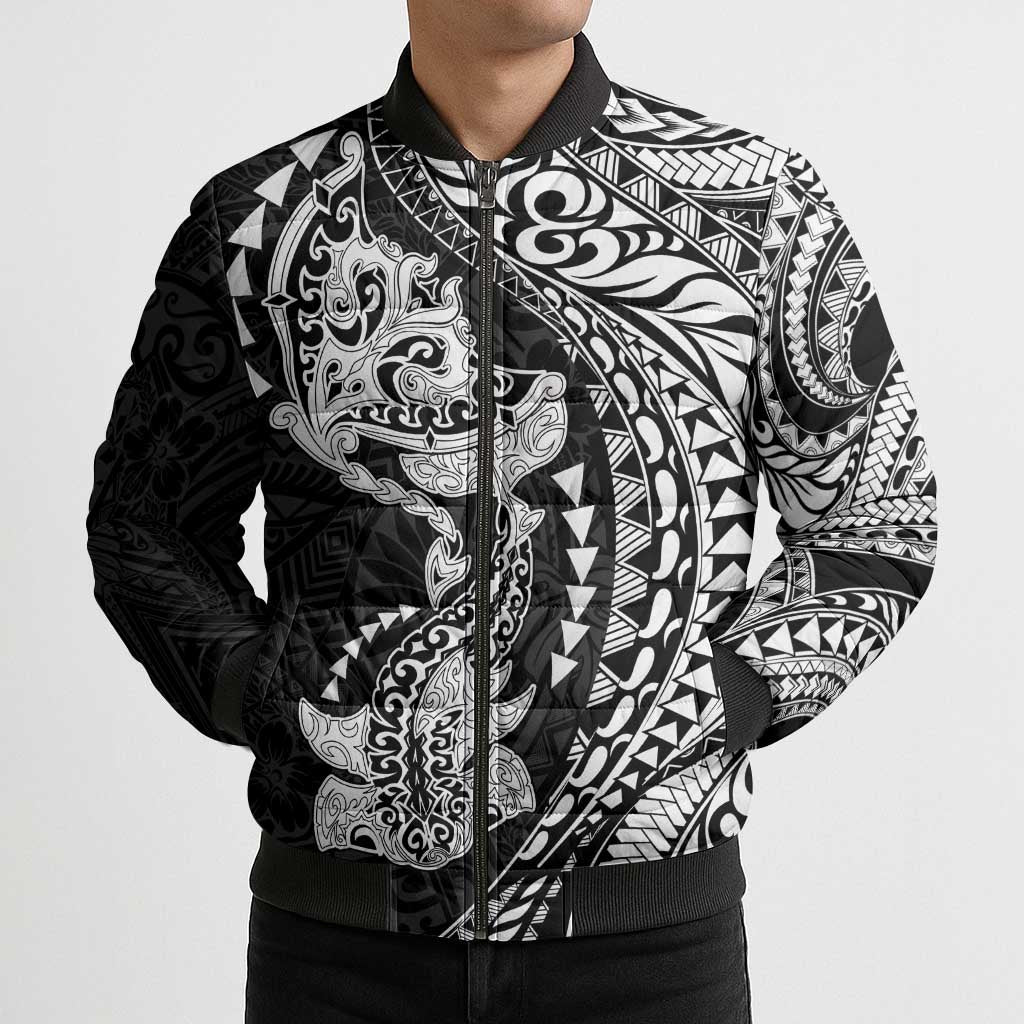 Hawaiian Manta Ray and Hammerhead Shark Tribal Tattoo Bomber Puffer Jacket with Polynesian Tribal Pattern Black-White Color