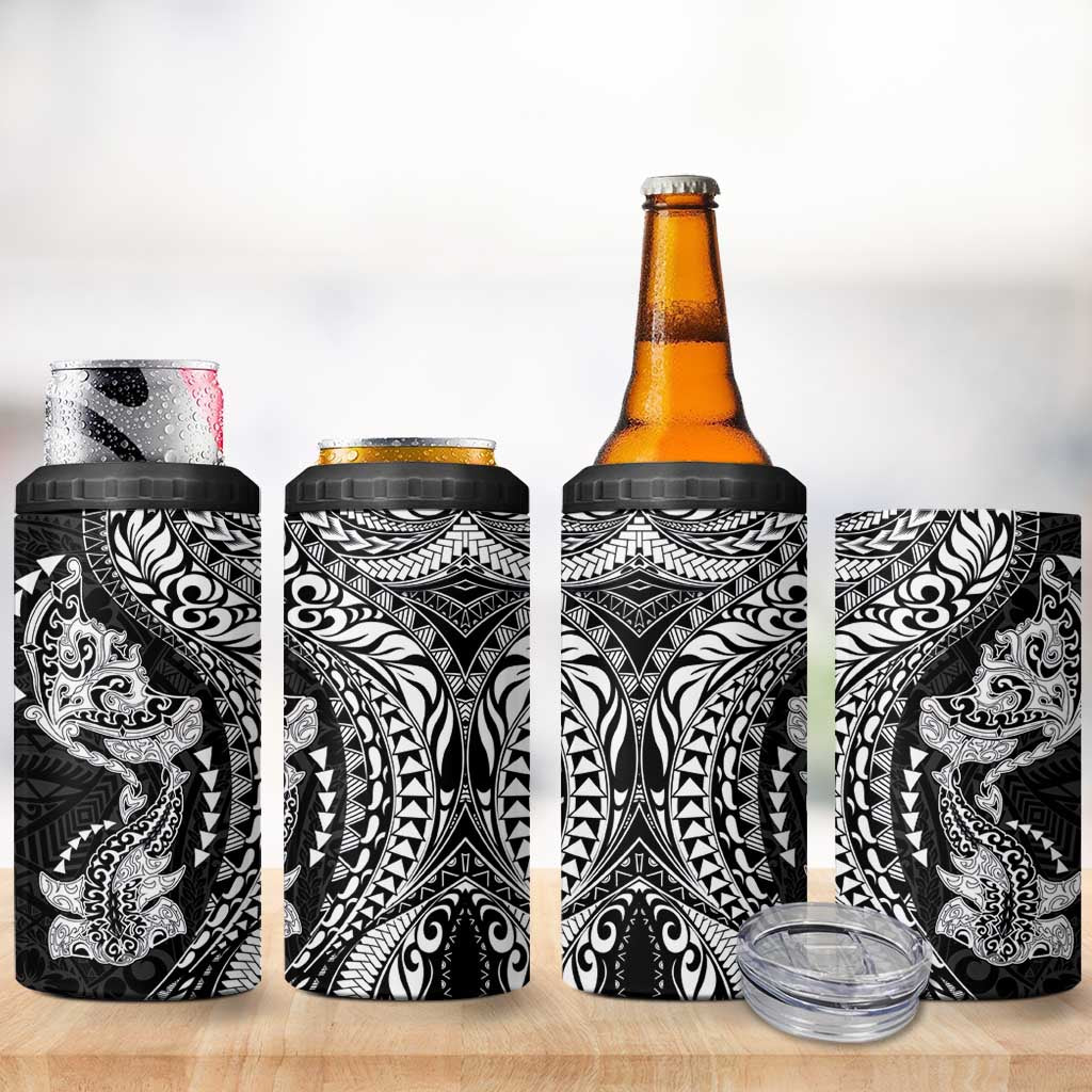 Hawaiian Manta Ray and Hammerhead Shark Tribal Tattoo 4 in 1 Can Cooler Tumbler with Polynesian Tribal Pattern Black-White Color LT03 - Polynesian Pride