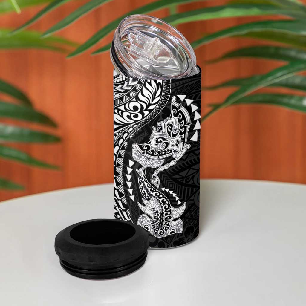 Hawaiian Manta Ray and Hammerhead Shark Tribal Tattoo 4 in 1 Can Cooler Tumbler with Polynesian Tribal Pattern Black-White Color LT03 - Polynesian Pride