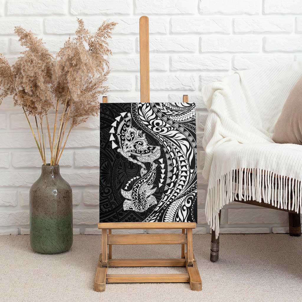 Hawaiian Manta Ray and Hammerhead Shark Tribal Tattoo Canvas Wall Art with Polynesian Tribal Pattern Black-White Color