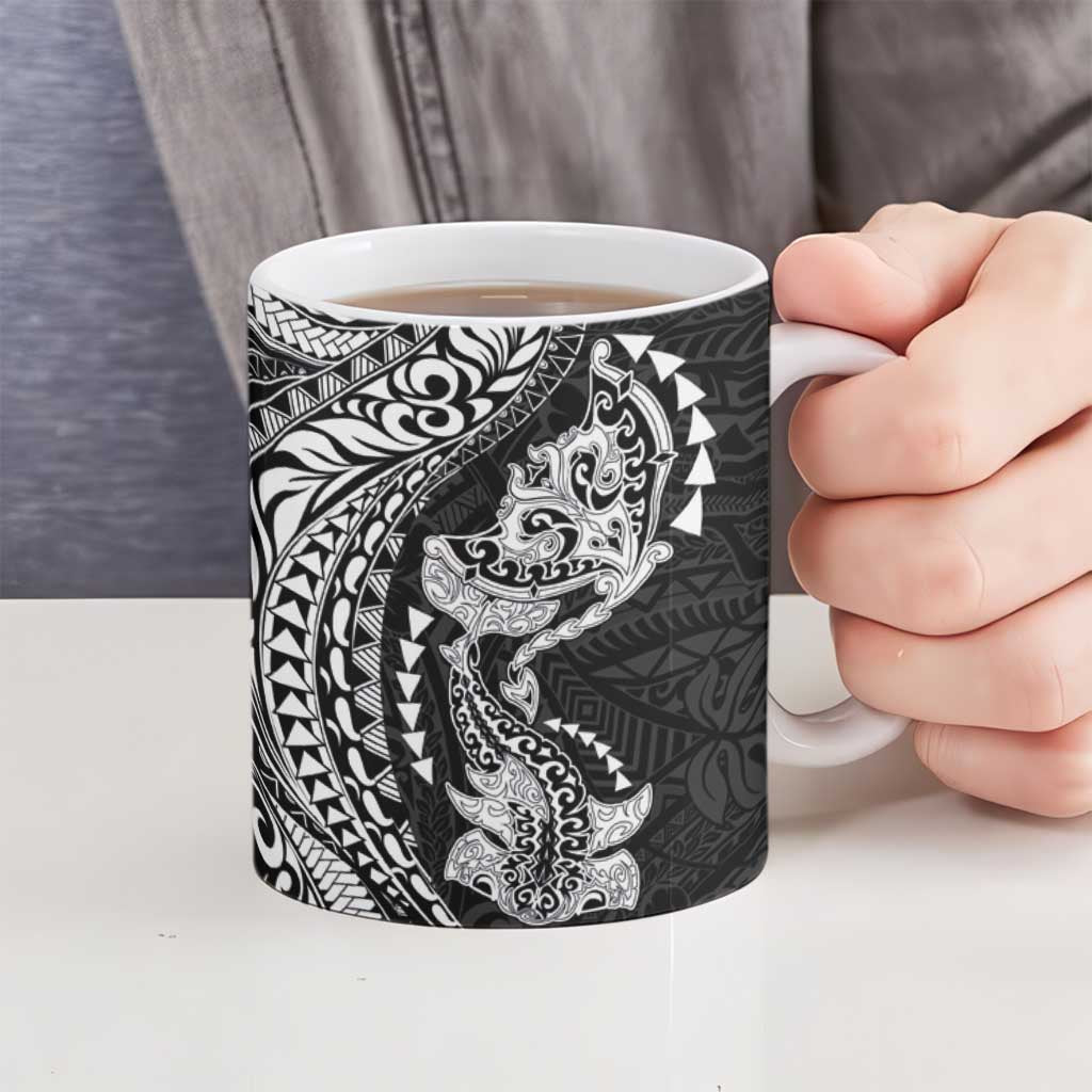 Hawaiian Manta Ray and Hammerhead Shark Tribal Tattoo Ceramic Mug with Polynesian Tribal Pattern Black-White Color