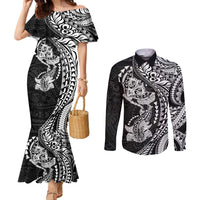 Hawaiian Manta Ray and Hammerhead Shark Tribal Tattoo Couples Matching Mermaid Dress and Long Sleeve Button Shirt with Polynesian Tribal Pattern Black-White Color LT03 Multicolor - Polynesian Pride