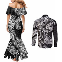 Hawaiian Manta Ray and Hammerhead Shark Tribal Tattoo Couples Matching Mermaid Dress and Long Sleeve Button Shirt with Polynesian Tribal Pattern Black-White Color LT03 - Polynesian Pride