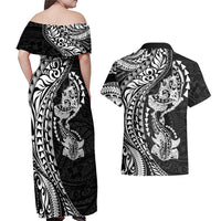Hawaiian Manta Ray and Hammerhead Shark Tribal Tattoo Couples Matching Off Shoulder Maxi Dress and Hawaiian Shirt with Polynesian Tribal Pattern Black-White Color LT03 - Polynesian Pride