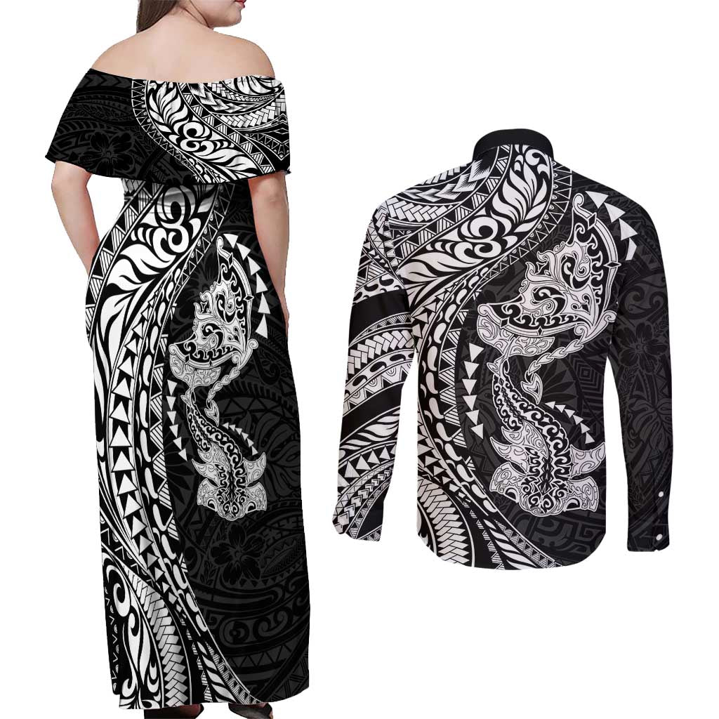 Hawaiian Manta Ray and Hammerhead Shark Tribal Tattoo Couples Matching Off Shoulder Maxi Dress and Long Sleeve Button Shirt with Polynesian Tribal Pattern Black-White Color LT03 - Polynesian Pride