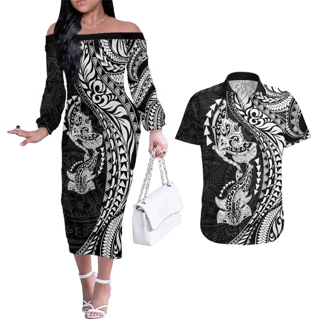 Hawaiian Manta Ray and Hammerhead Shark Tribal Tattoo Couples Matching Off The Shoulder Long Sleeve Dress and Hawaiian Shirt with Polynesian Tribal Pattern Black-White Color