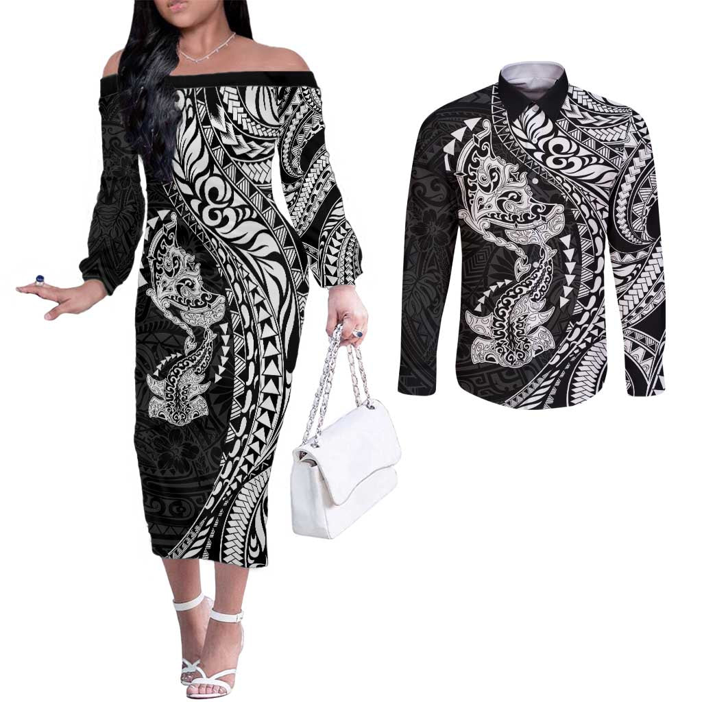 Hawaiian Manta Ray and Hammerhead Shark Tribal Tattoo Couples Matching Off The Shoulder Long Sleeve Dress and Long Sleeve Button Shirt with Polynesian Tribal Pattern Black-White Color LT03 Multicolor - Polynesian Pride
