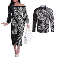 Hawaiian Manta Ray and Hammerhead Shark Tribal Tattoo Couples Matching Off The Shoulder Long Sleeve Dress and Long Sleeve Button Shirt with Polynesian Tribal Pattern Black-White Color LT03 Multicolor - Polynesian Pride