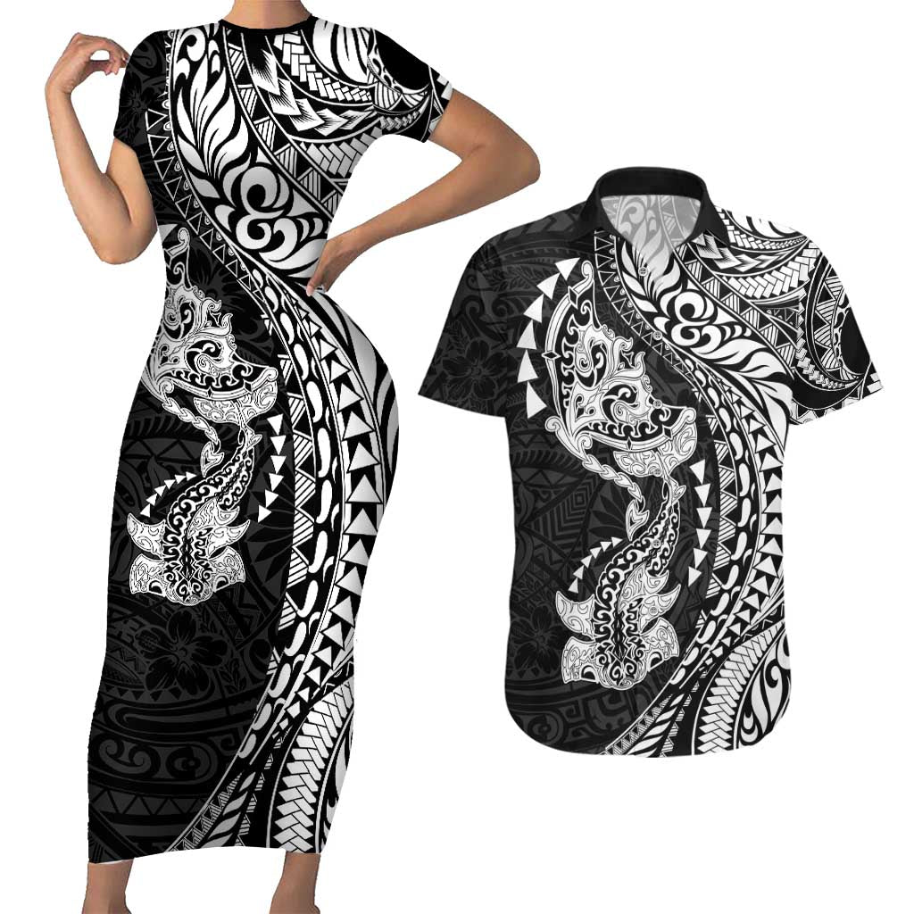 Hawaiian Manta Ray and Hammerhead Shark Tribal Tattoo Couples Matching Short Sleeve Bodycon Dress and Hawaiian Shirt with Polynesian Tribal Pattern Black-White Color LT03 Multicolor - Polynesian Pride
