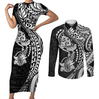 Hawaiian Manta Ray and Hammerhead Shark Tribal Tattoo Couples Matching Short Sleeve Bodycon Dress and Long Sleeve Button Shirt with Polynesian Tribal Pattern Black-White Color LT03 Multicolor - Polynesian Pride
