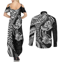 Hawaiian Manta Ray and Hammerhead Shark Tribal Tattoo Couples Matching Summer Maxi Dress and Long Sleeve Button Shirt with Polynesian Tribal Pattern Black-White Color LT03 - Polynesian Pride