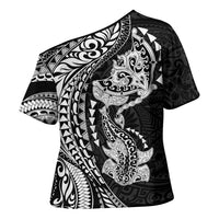 Hawaiian Manta Ray and Hammerhead Shark Tribal Tattoo Cross Shoulder Shirt with Polynesian Tribal Pattern Black-White Color LT03 - Polynesian Pride