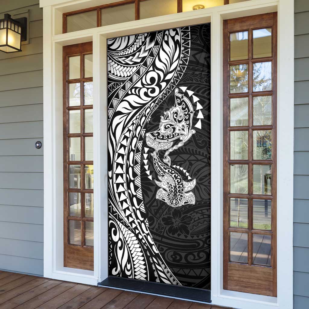 Hawaiian Manta Ray and Hammerhead Shark Tribal Tattoo Door Cover with Polynesian Tribal Pattern Black-White Color LT03 - Polynesian Pride
