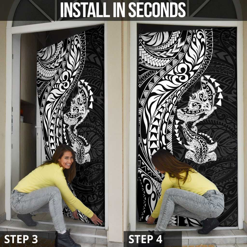 Hawaiian Manta Ray and Hammerhead Shark Tribal Tattoo Door Cover with Polynesian Tribal Pattern Black-White Color LT03 - Polynesian Pride