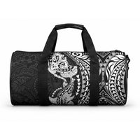 Hawaiian Manta Ray and Hammerhead Shark Tribal Tattoo Duffle Bag with Polynesian Tribal Pattern Black-White Color
