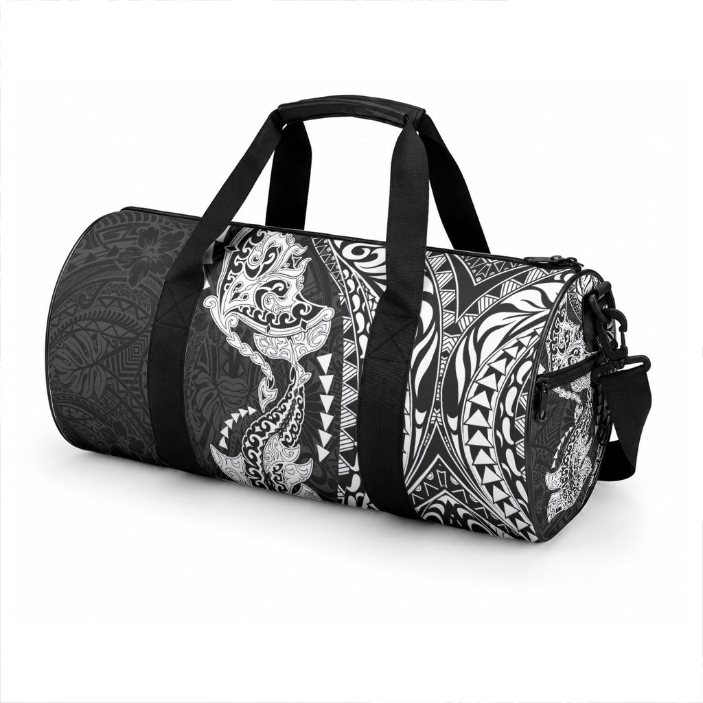 Hawaiian Manta Ray and Hammerhead Shark Tribal Tattoo Duffle Bag with Polynesian Tribal Pattern Black-White Color
