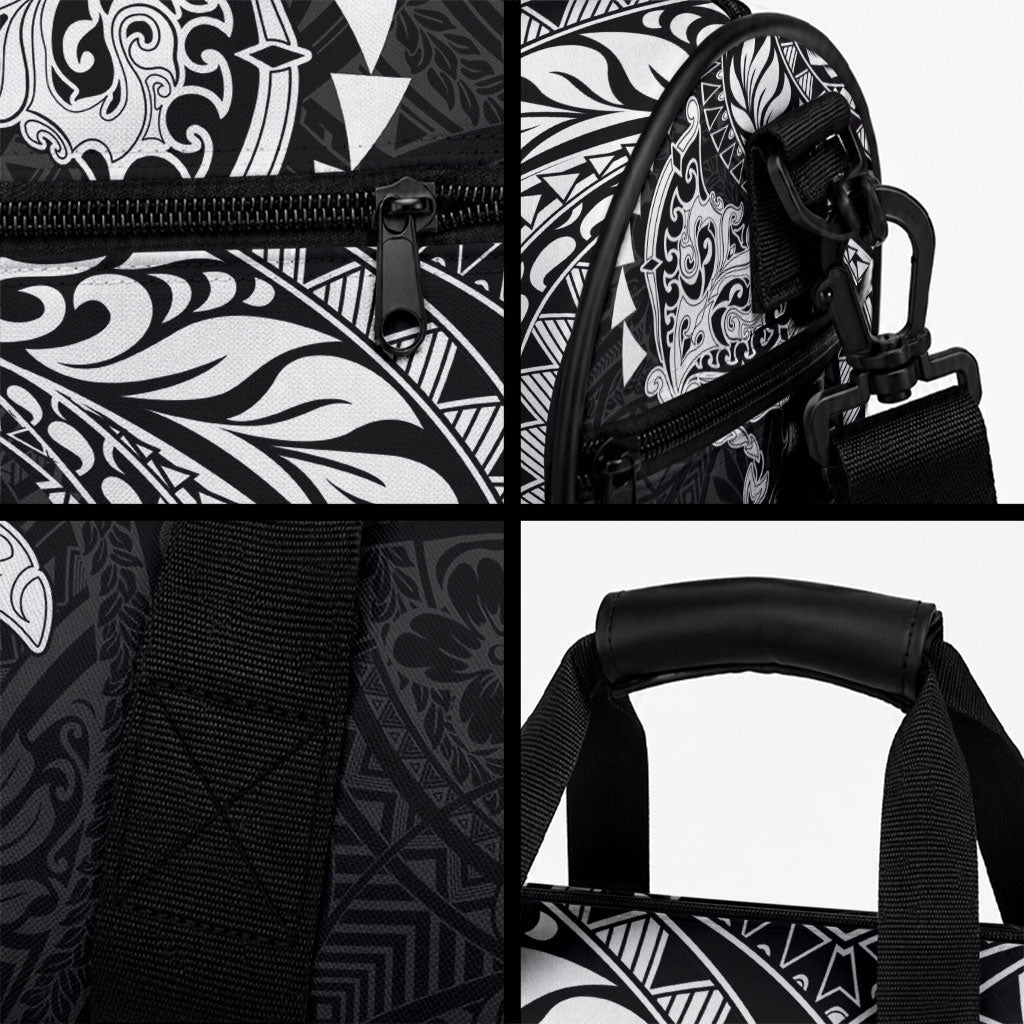 Hawaiian Manta Ray and Hammerhead Shark Tribal Tattoo Duffle Bag with Polynesian Tribal Pattern Black-White Color