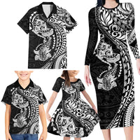 Hawaiian Manta Ray and Hammerhead Shark Tribal Tattoo Family Matching Long Sleeve Bodycon Dress and Hawaiian Shirt with Polynesian Tribal Pattern Black-White Color LT03 - Polynesian Pride