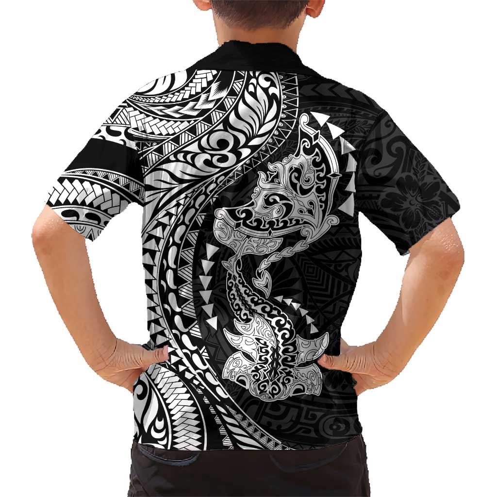 Hawaiian Manta Ray and Hammerhead Shark Tribal Tattoo Family Matching Mermaid Dress and Hawaiian Shirt with Polynesian Tribal Pattern Black-White Color LT03 - Polynesian Pride