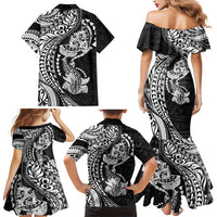 Hawaiian Manta Ray and Hammerhead Shark Tribal Tattoo Family Matching Mermaid Dress and Hawaiian Shirt with Polynesian Tribal Pattern Black-White Color LT03 - Polynesian Pride