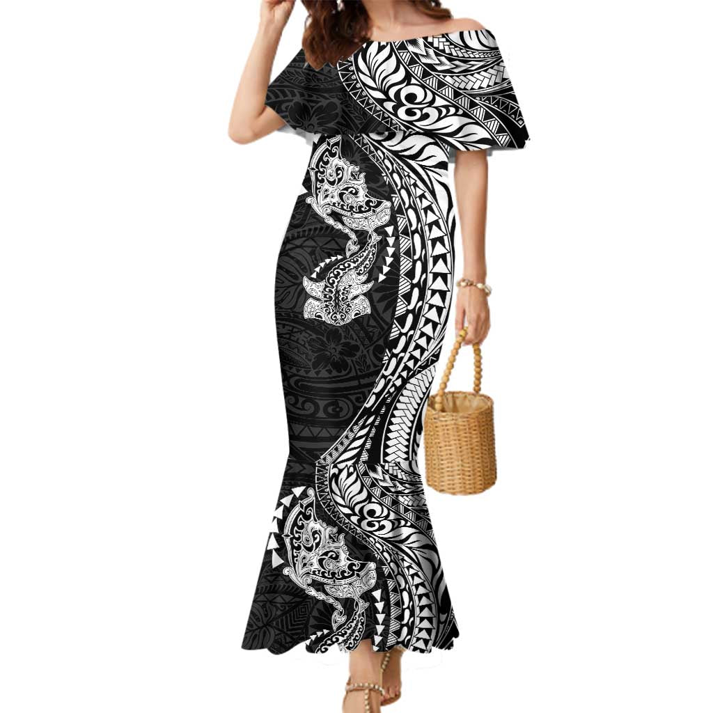 Hawaiian Manta Ray and Hammerhead Shark Tribal Tattoo Family Matching Mermaid Dress and Hawaiian Shirt with Polynesian Tribal Pattern Black-White Color LT03 Mom's Dress Multicolor - Polynesian Pride