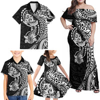 Hawaiian Manta Ray and Hammerhead Shark Tribal Tattoo Family Matching Off Shoulder Maxi Dress and Hawaiian Shirt with Polynesian Tribal Pattern Black-White Color LT03 - Polynesian Pride