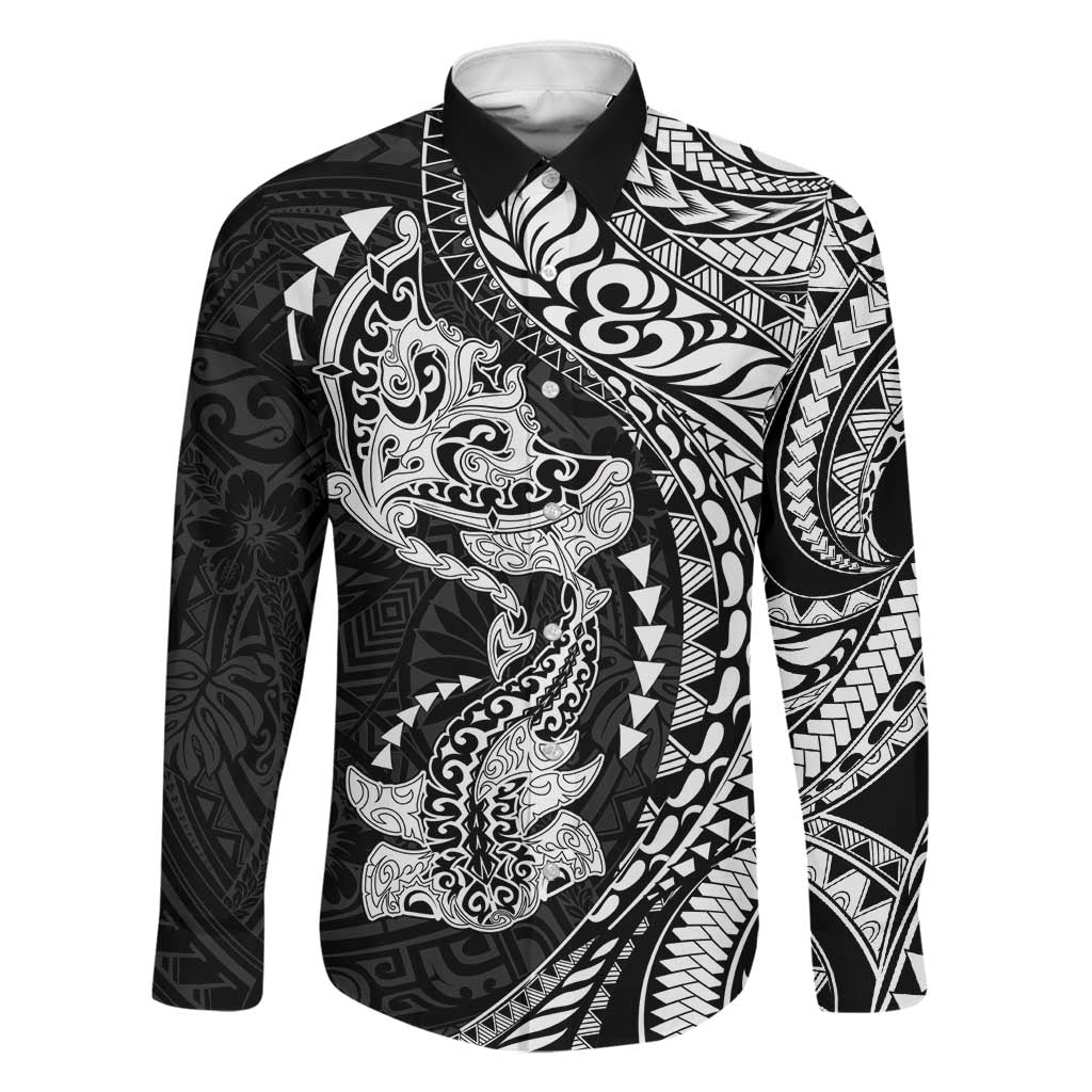 Hawaiian Manta Ray and Hammerhead Shark Tribal Tattoo Family Matching Off Shoulder Maxi Dress and Hawaiian Shirt with Polynesian Tribal Pattern Black-White Color LT03 Dad's Shirt - Long Sleeve Multicolor - Polynesian Pride