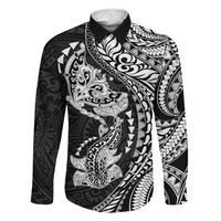 Hawaiian Manta Ray and Hammerhead Shark Tribal Tattoo Family Matching Off Shoulder Maxi Dress and Hawaiian Shirt with Polynesian Tribal Pattern Black-White Color LT03 Dad's Shirt - Long Sleeve Multicolor - Polynesian Pride