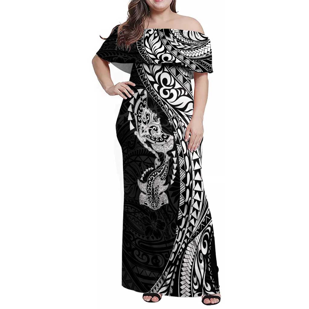 Hawaiian Manta Ray and Hammerhead Shark Tribal Tattoo Family Matching Off Shoulder Maxi Dress and Hawaiian Shirt with Polynesian Tribal Pattern Black-White Color LT03 Mom's Dress Multicolor - Polynesian Pride
