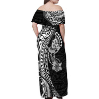 Hawaiian Manta Ray and Hammerhead Shark Tribal Tattoo Family Matching Off Shoulder Maxi Dress and Hawaiian Shirt with Polynesian Tribal Pattern Black-White Color LT03 - Polynesian Pride