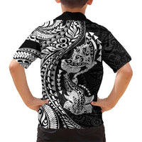 Hawaiian Manta Ray and Hammerhead Shark Tribal Tattoo Family Matching Off Shoulder Short Dress and Hawaiian Shirt with Polynesian Tribal Pattern Black-White Color LT03 - Polynesian Pride