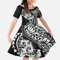 Hawaiian Manta Ray and Hammerhead Shark Tribal Tattoo Family Matching Off Shoulder Short Dress and Hawaiian Shirt with Polynesian Tribal Pattern Black-White Color LT03 Daughter's Dress Multicolor - Polynesian Pride