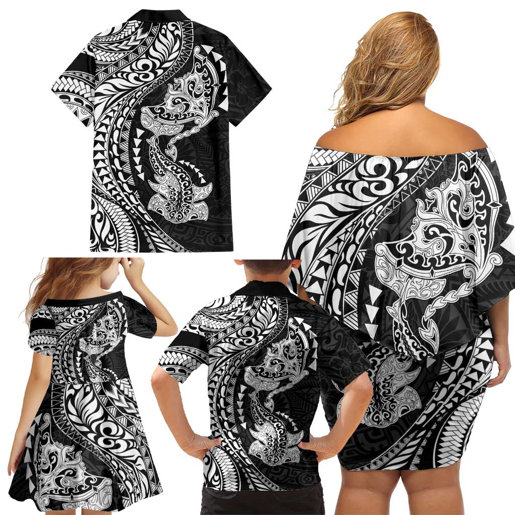 Hawaiian Manta Ray and Hammerhead Shark Tribal Tattoo Family Matching Off Shoulder Short Dress and Hawaiian Shirt with Polynesian Tribal Pattern Black-White Color LT03 - Polynesian Pride