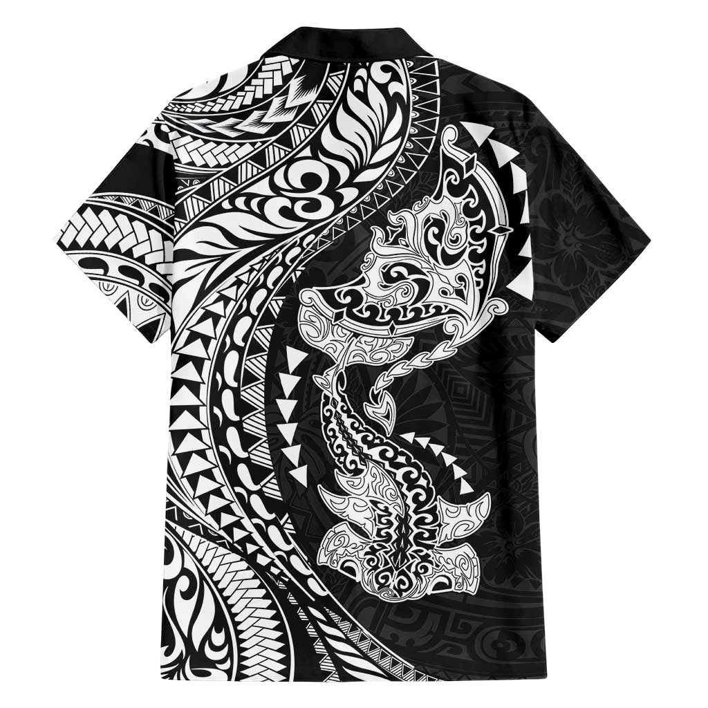 Hawaiian Manta Ray and Hammerhead Shark Tribal Tattoo Family Matching Off Shoulder Short Dress and Hawaiian Shirt with Polynesian Tribal Pattern Black-White Color LT03 - Polynesian Pride