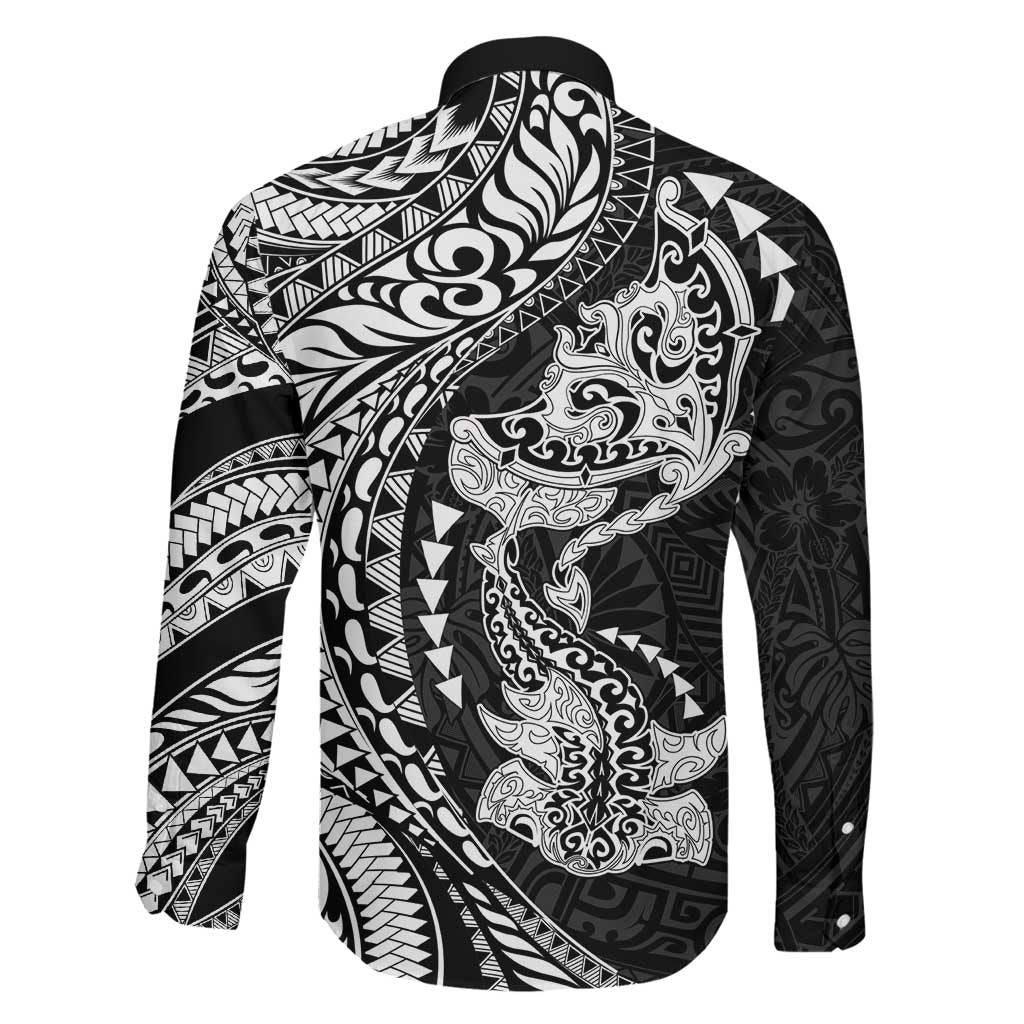 Hawaiian Manta Ray and Hammerhead Shark Tribal Tattoo Family Matching Puletasi and Hawaiian Shirt with Polynesian Tribal Pattern Black-White Color LT03 - Polynesian Pride