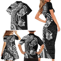 Hawaiian Manta Ray and Hammerhead Shark Tribal Tattoo Family Matching Short Sleeve Bodycon Dress and Hawaiian Shirt with Polynesian Tribal Pattern Black-White Color LT03 - Polynesian Pride
