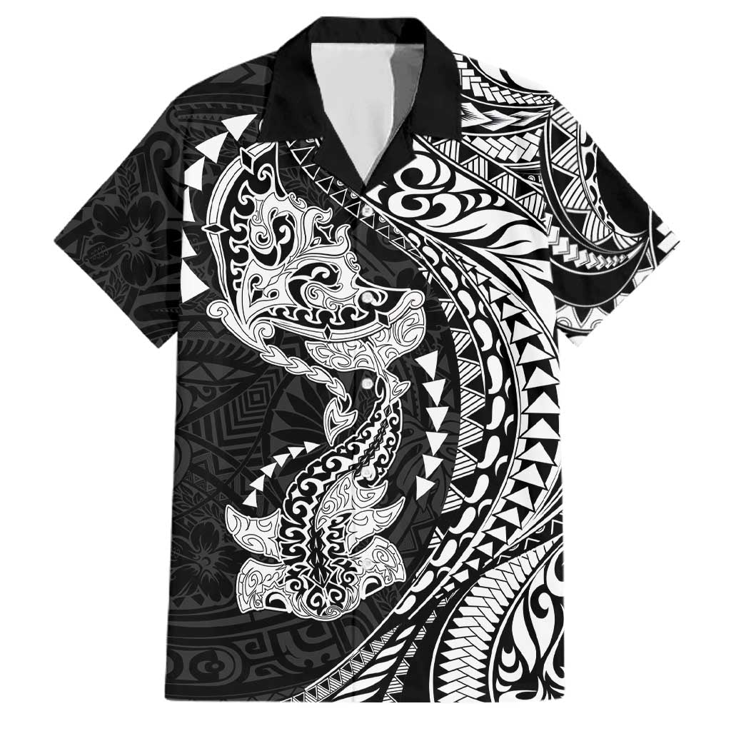 Hawaiian Manta Ray and Hammerhead Shark Tribal Tattoo Family Matching Short Sleeve Bodycon Dress and Hawaiian Shirt with Polynesian Tribal Pattern Black-White Color LT03 Dad's Shirt - Short Sleeve Multicolor - Polynesian Pride