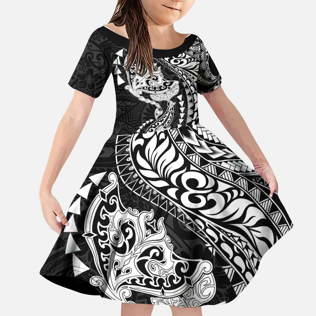 Hawaiian Manta Ray and Hammerhead Shark Tribal Tattoo Family Matching Tank Maxi Dress and Hawaiian Shirt with Polynesian Tribal Pattern Black-White Color LT03 Daughter's Dress Multicolor - Polynesian Pride