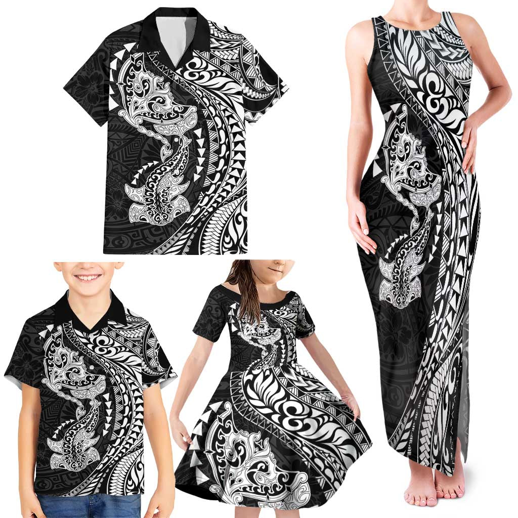 Hawaiian Manta Ray and Hammerhead Shark Tribal Tattoo Family Matching Tank Maxi Dress and Hawaiian Shirt with Polynesian Tribal Pattern Black-White Color