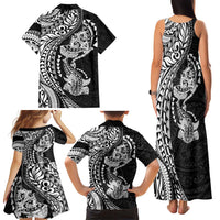 Hawaiian Manta Ray and Hammerhead Shark Tribal Tattoo Family Matching Tank Maxi Dress and Hawaiian Shirt with Polynesian Tribal Pattern Black-White Color LT03 - Polynesian Pride