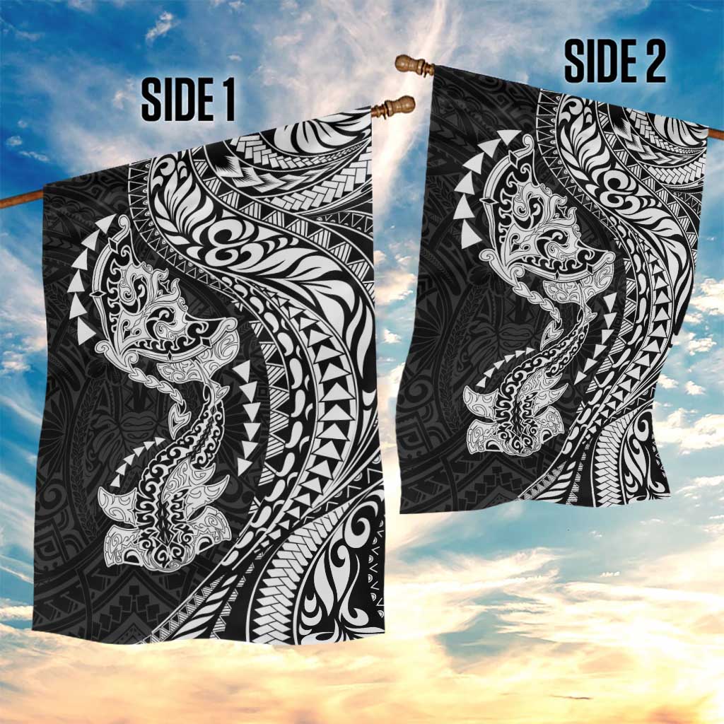Hawaiian Manta Ray and Hammerhead Shark Tribal Tattoo Garden Flag with Polynesian Tribal Pattern Black-White Color LT03 - Polynesian Pride