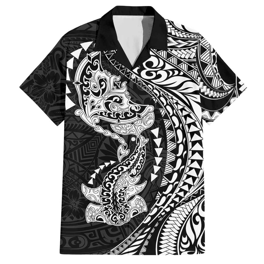 Hawaiian Manta Ray and Hammerhead Shark Tribal Tattoo Hawaiian Shirt with Polynesian Tribal Pattern Black-White Color LT03 Multicolor - Polynesian Pride