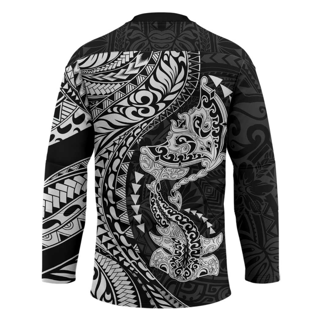 Hawaiian Manta Ray and Hammerhead Shark Tribal Tattoo Hockey Jersey with Polynesian Tribal Pattern Black-White Color LT03 - Polynesian Pride