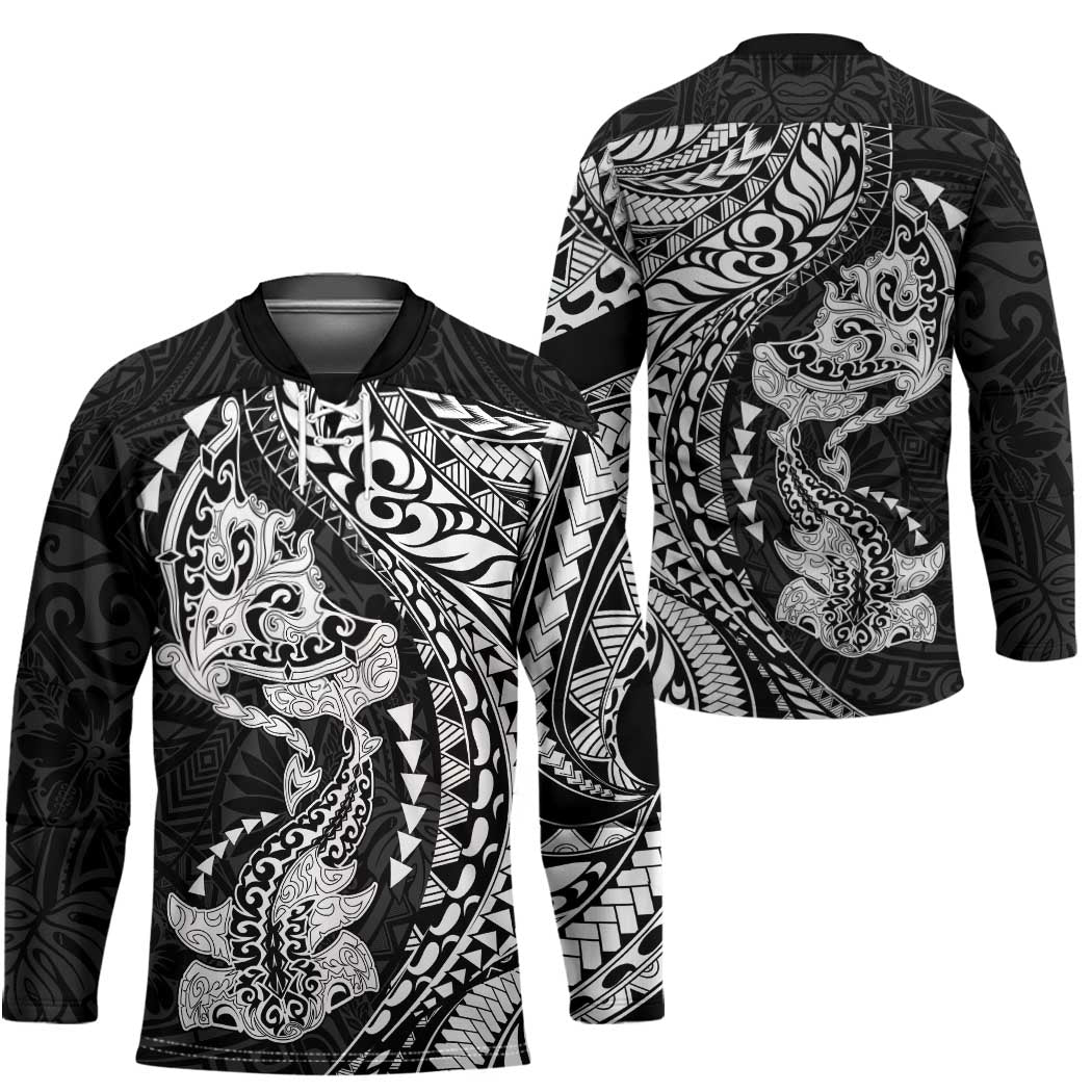 Hawaiian Manta Ray and Hammerhead Shark Tribal Tattoo Hockey Jersey with Polynesian Tribal Pattern Black-White Color LT03 - Polynesian Pride