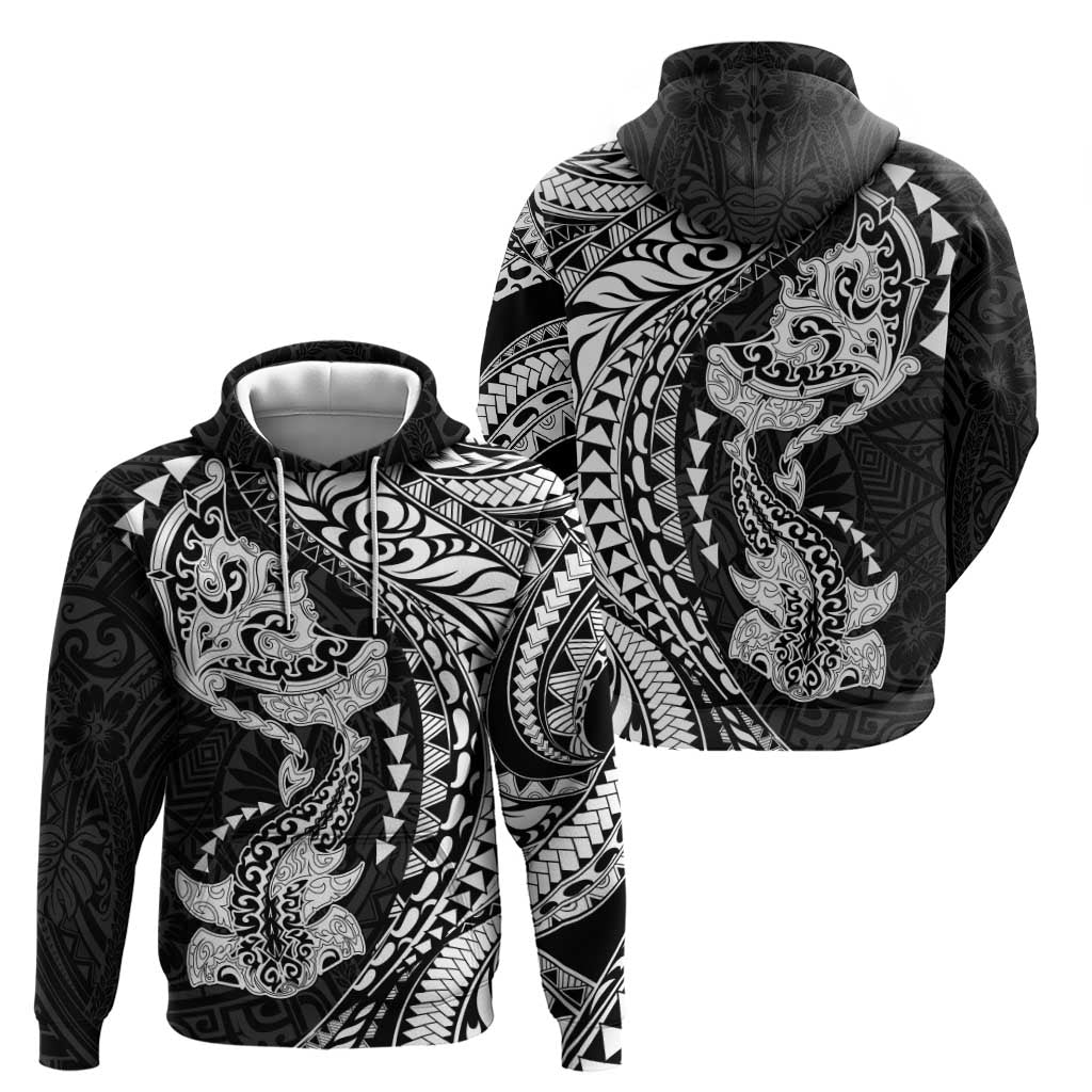 Hawaiian Manta Ray and Hammerhead Shark Tribal Tattoo Hoodie with Polynesian Tribal Pattern Black-White Color LT03 - Polynesian Pride