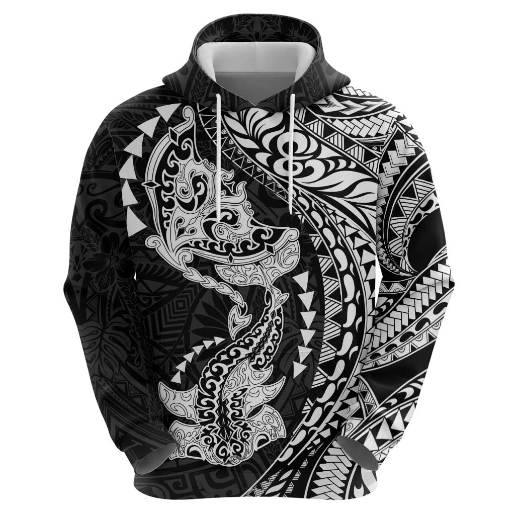 Hawaiian Manta Ray and Hammerhead Shark Tribal Tattoo Hoodie with Polynesian Tribal Pattern Black-White Color LT03 - Polynesian Pride