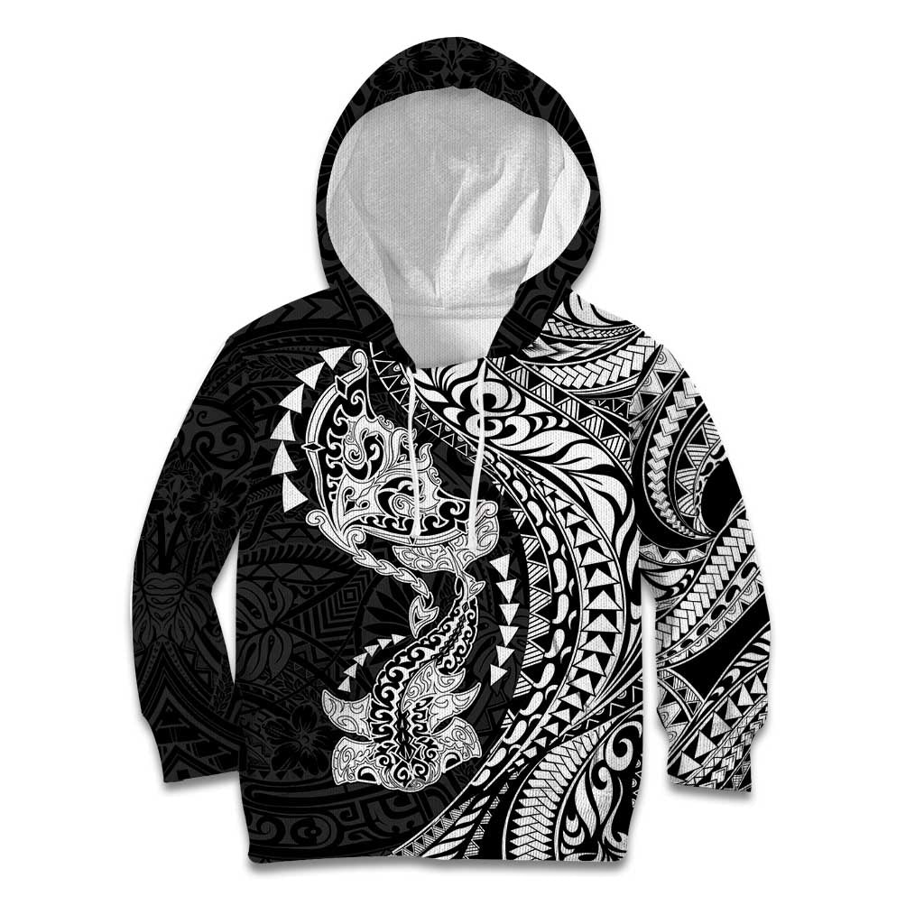 Hawaiian Manta Ray and Hammerhead Shark Tribal Tattoo Kid Hoodie with Polynesian Tribal Pattern Black-White Color LT03 Hoodie Multicolor - Polynesian Pride