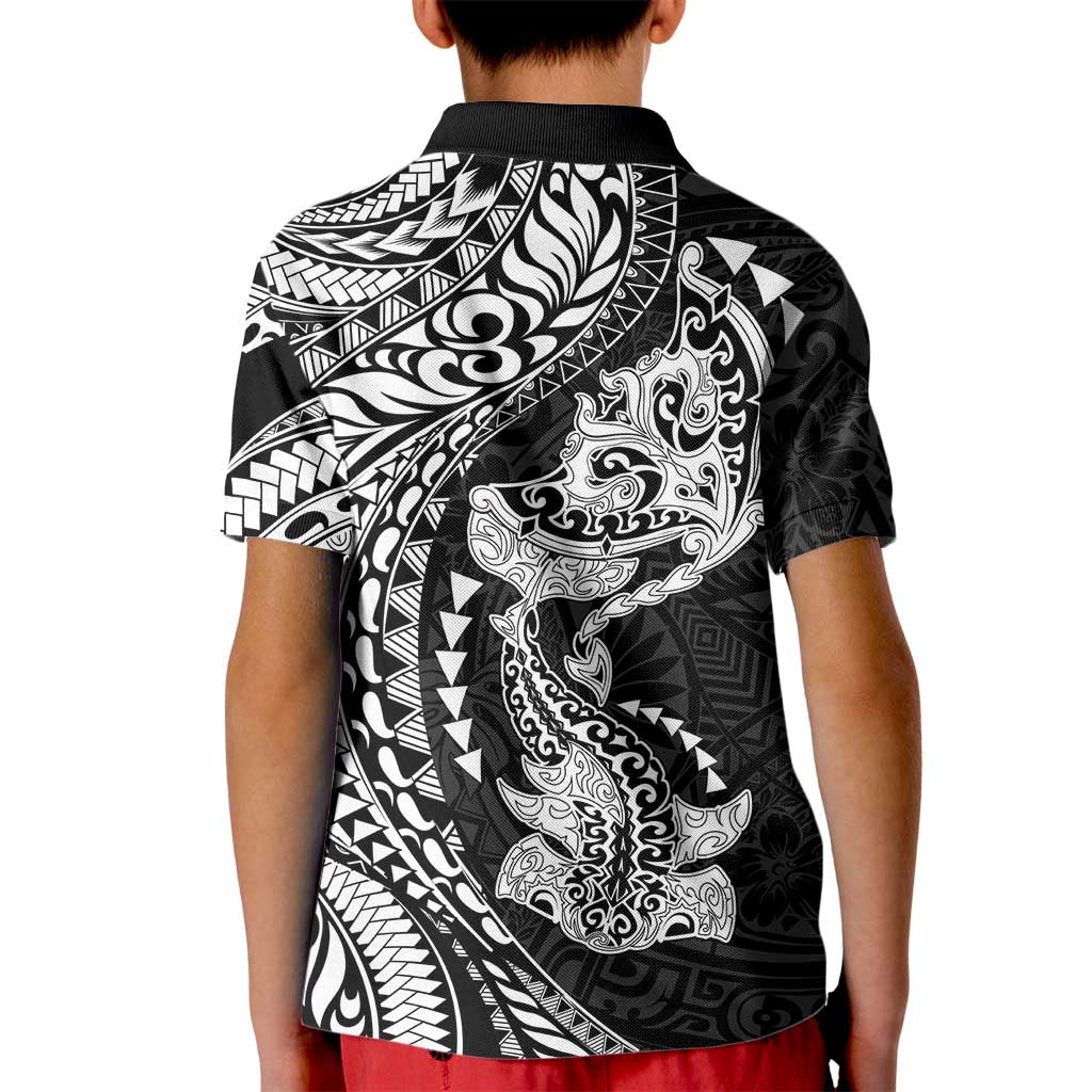 Hawaiian Manta Ray and Hammerhead Shark Tribal Tattoo Kid Polo Shirt with Polynesian Tribal Pattern Black-White Color LT03 - Polynesian Pride