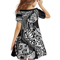 Hawaiian Manta Ray and Hammerhead Shark Tribal Tattoo Kid Short Sleeve Dress with Polynesian Tribal Pattern Black-White Color LT03 - Polynesian Pride